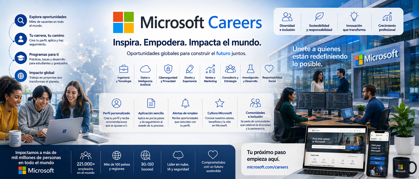 Microsoft Careers es el portal oficial de empleo de Microsoft, Cursos Formaciones Educación Inteligencia Agrupación Comunidad Formadores Instructores Instructoras Plataforma Empresa Legalidad Abierta Cooperación